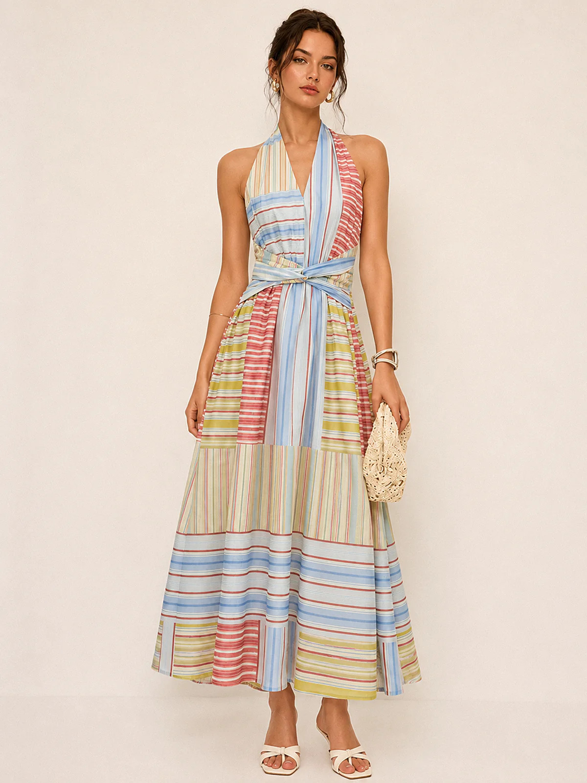 Color Stripe Tie-Back Midi Dress | Commense