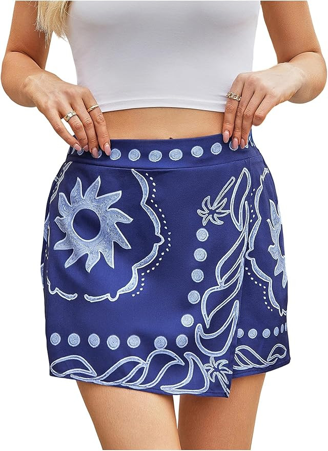MakeMeChic Women's Summer Tropical Print High Waisted Shorts Wide Leg Boho Vacation Skorts Blue X... | Amazon (US)