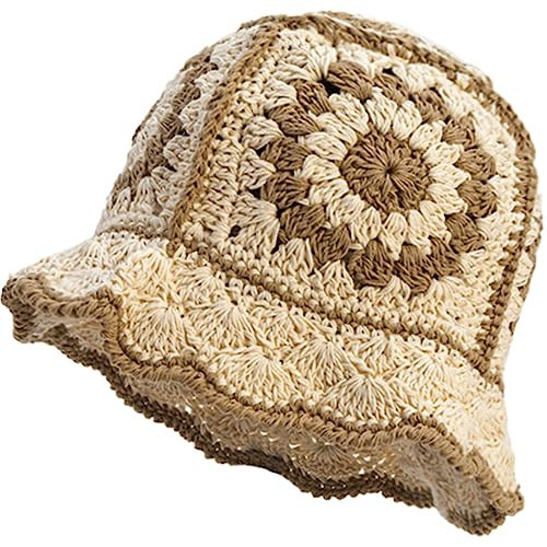 XYIYI Beige Women Crochet Bucket Hat Knit Handmade Foldable Beach Hat Cute Hand Woven Fishing Hat | Amazon (US)
