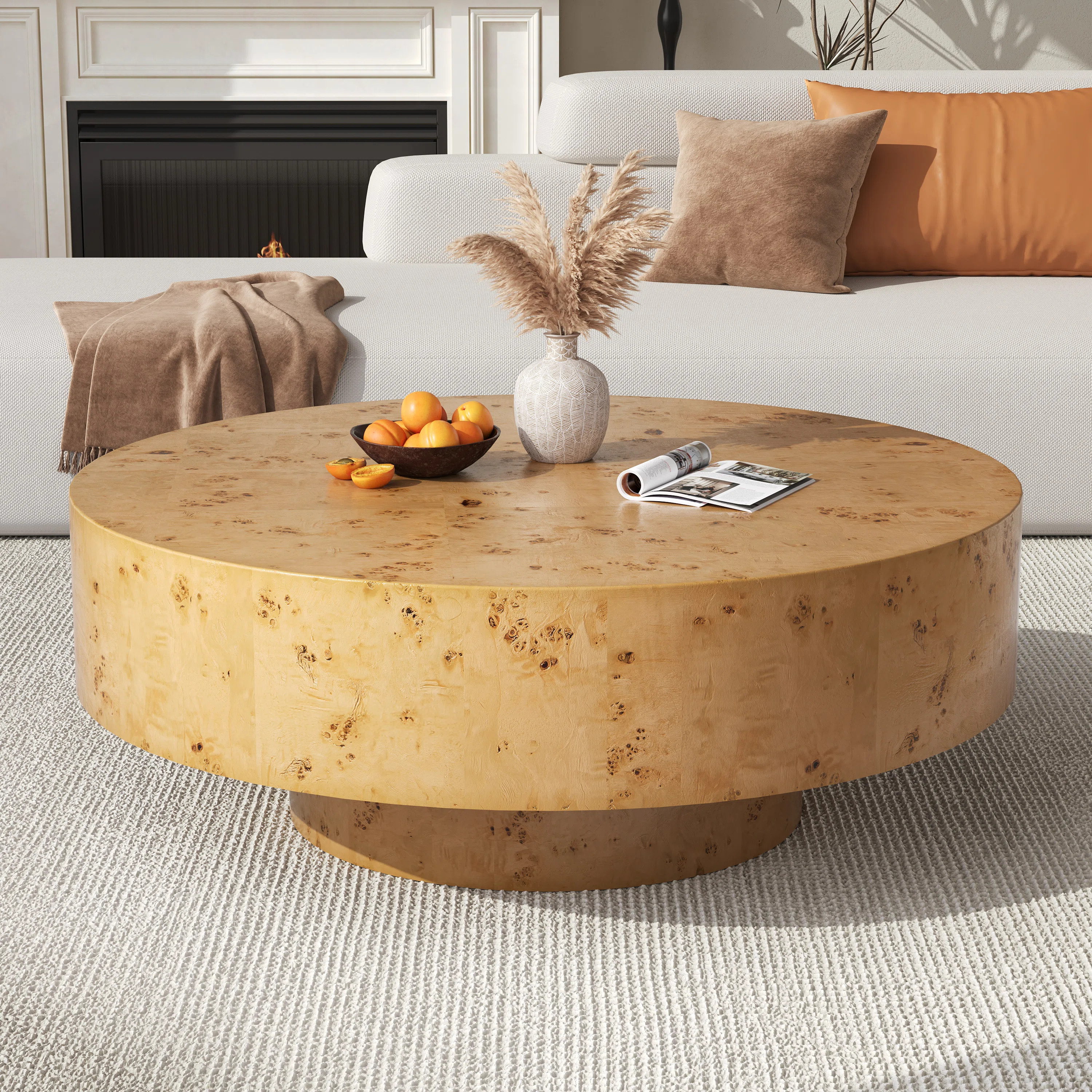 Handcrafted Burl Wood Round Coffee Table with Strudy Pedestal, Mid-Century Modern Solid Wood Coffee Table for Living Room | Wayfair North America