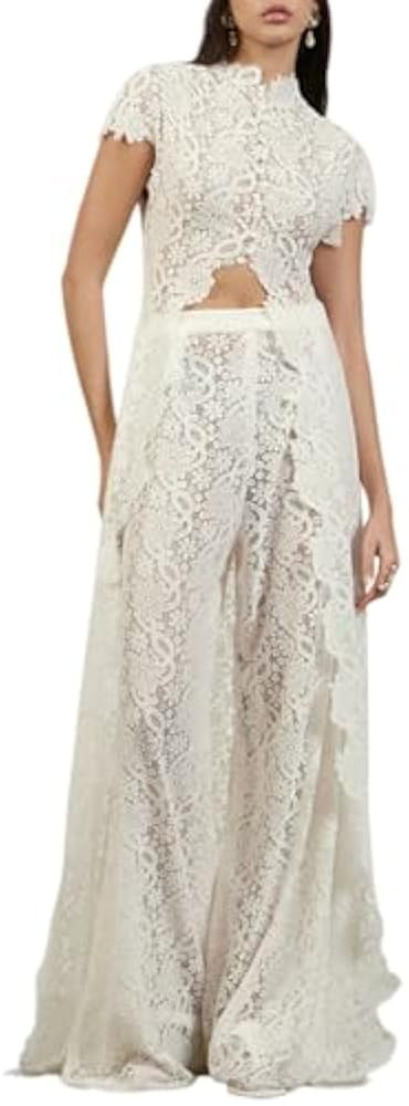 Women's Elegant Avant-Garde Lace 2Piece Set Short Sleeve High Low Top High Rise Wide Leg Pants La... | Amazon (US)