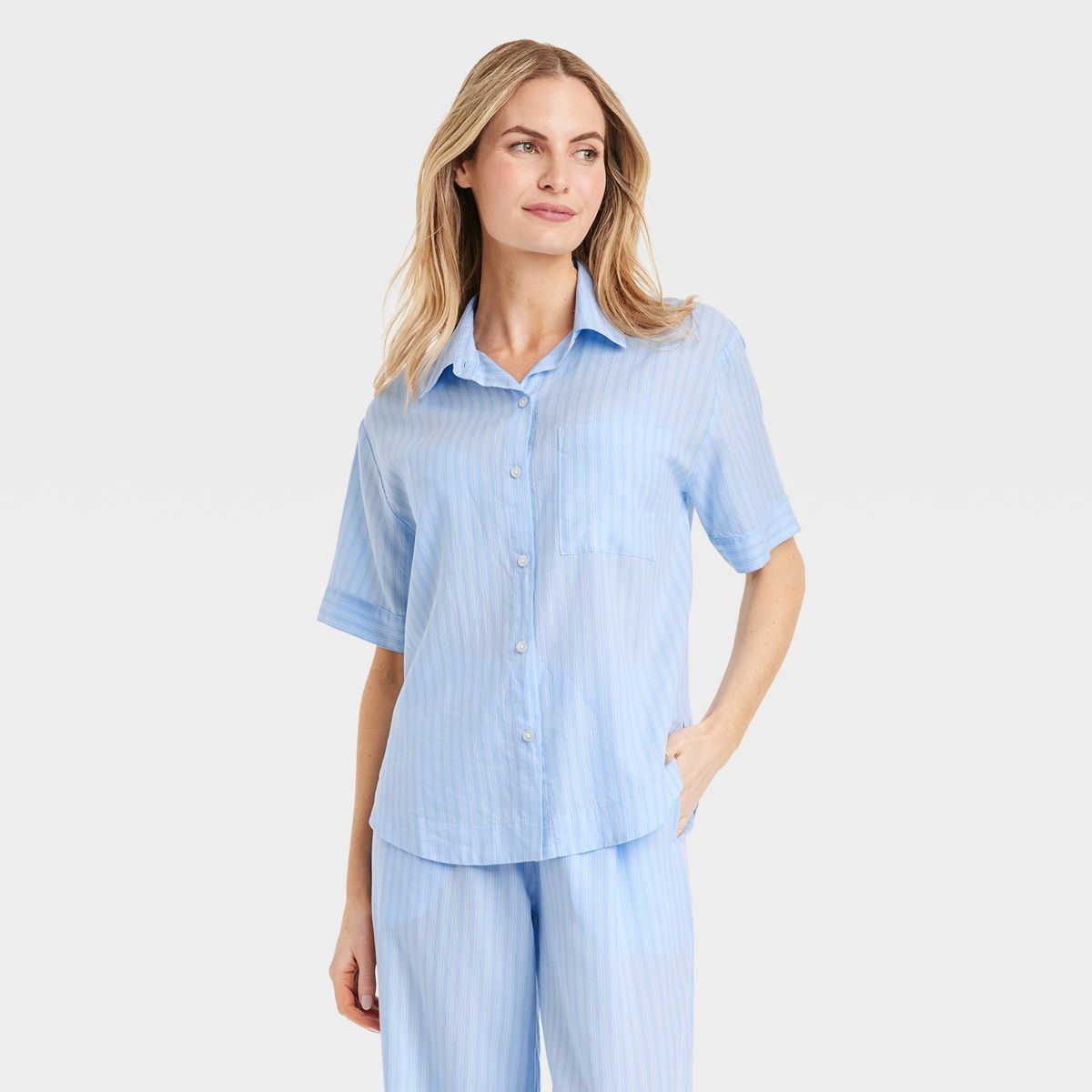 Women's Striped Cotton Blend Button-Up Pajama Top - Stars Above™ Blue L | Target