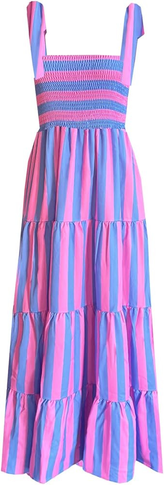 kinstell Women's Summer Boho Spaghetti Strap Square Neck Ruffle Casual Flowy Long Dress Beach Swi... | Amazon (US)