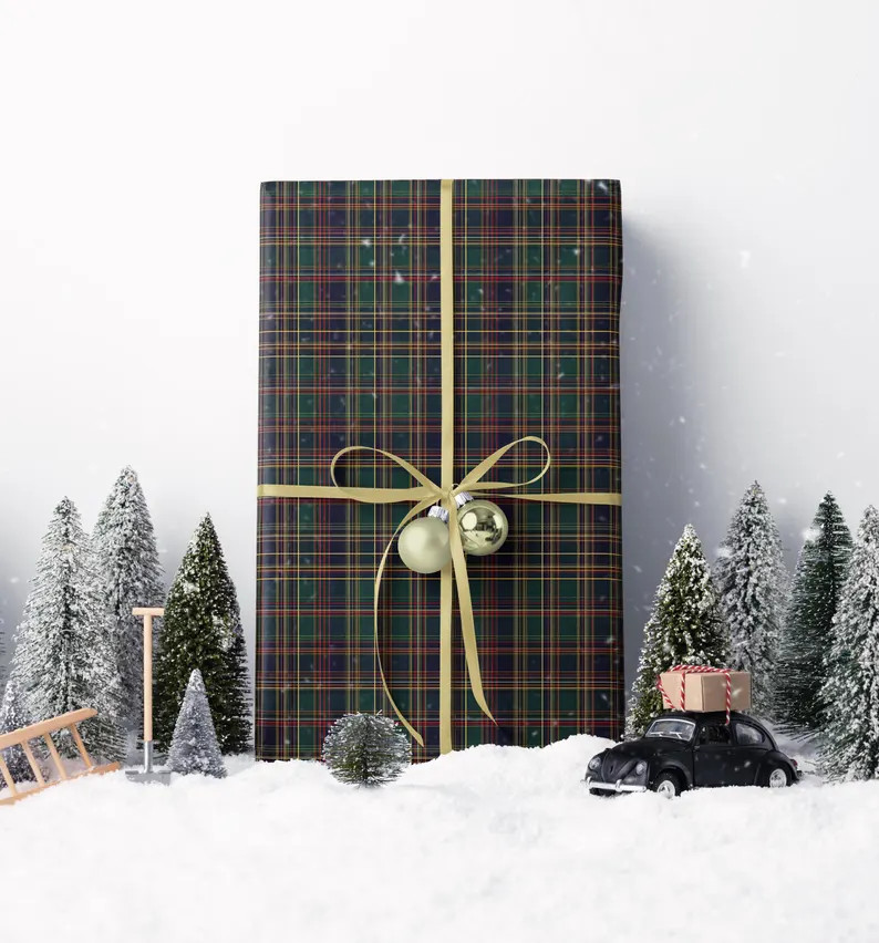 Elegant Old Money Plaid Gift Wrap Gold Green Tartan Wrapping Paper for Heritage Christmas | Etsy (Global)