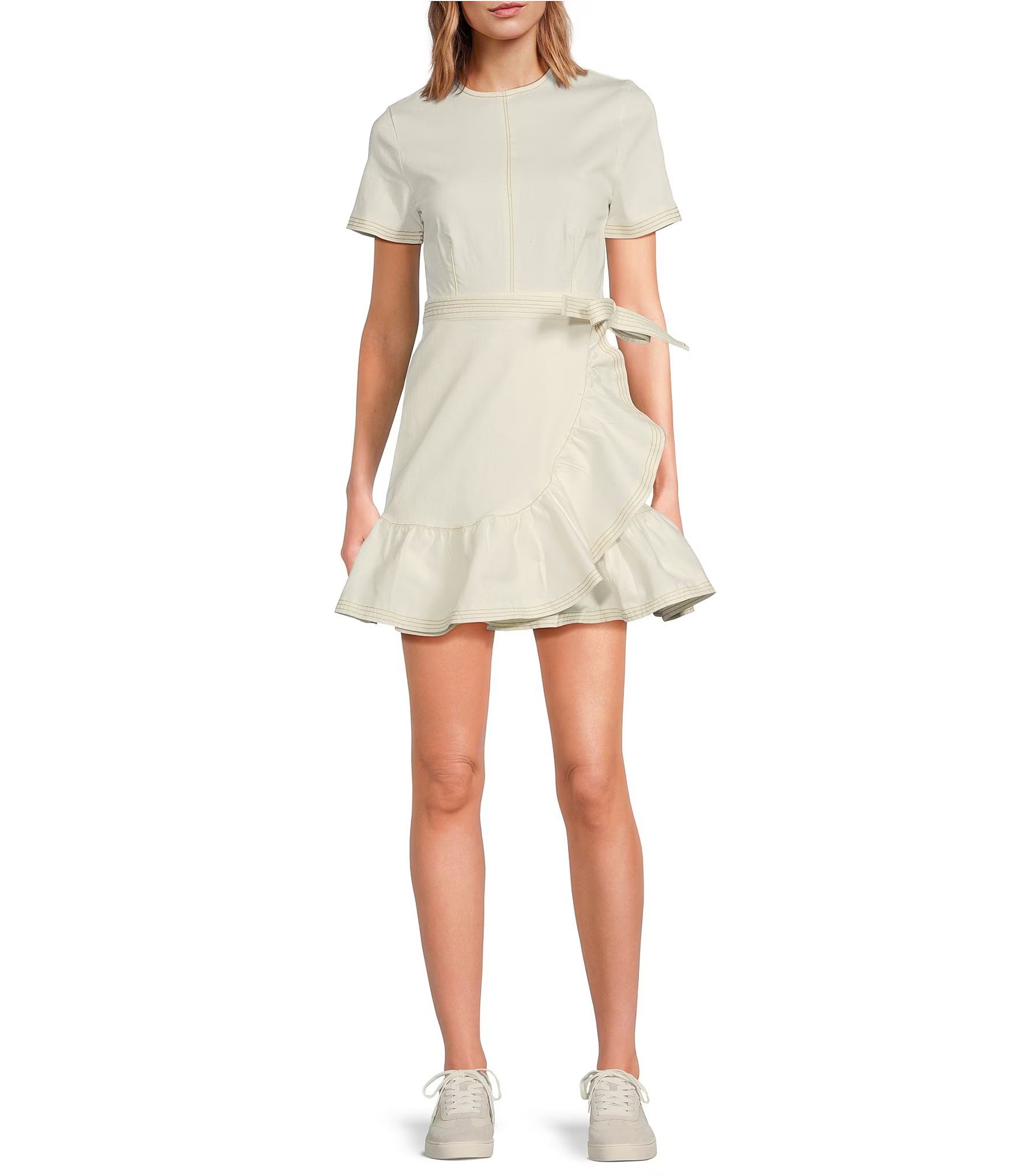 A Loves A Round Neck Short Sleeve Denim Mini Ruffle Wrap Dress | Dillard's | Dillard's