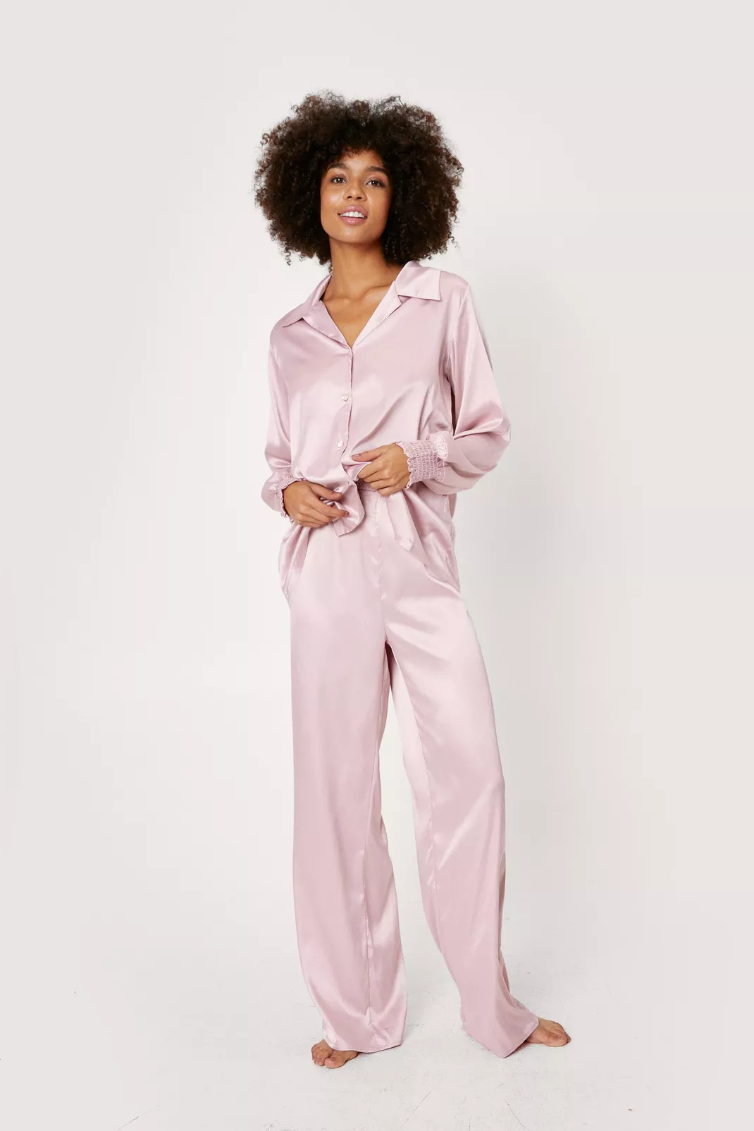Satin Shirred Cuff and Waistband Pajama Set | Nasty Gal (US)