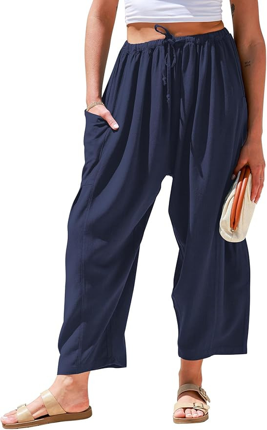 TARSE Womens Linen Wide Leg Pants Casual Loose Drawstring Low Waist Beach Palazzo Harem Pants wit... | Amazon (US)