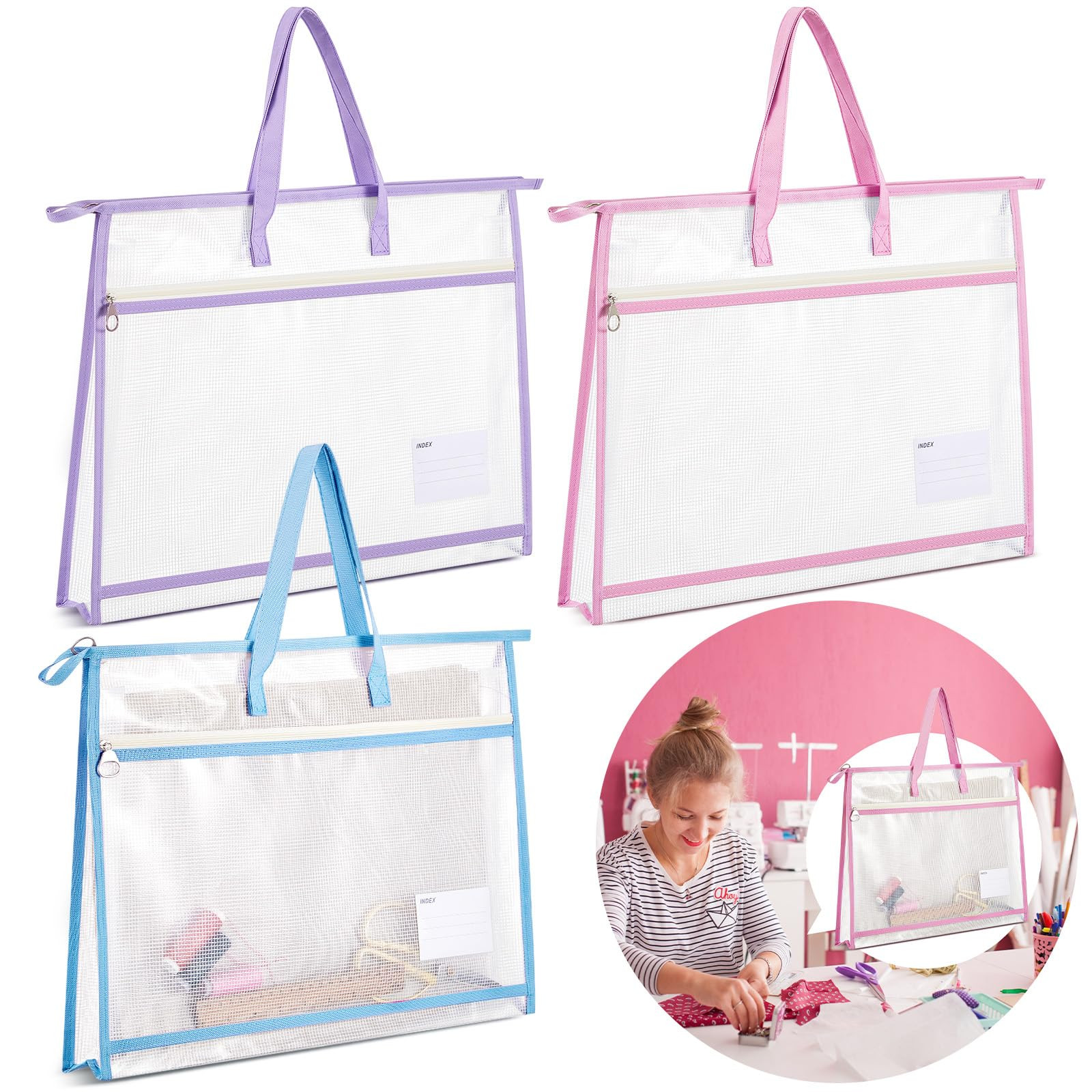 3 Pcs 17.7×13 Inch Project Bag for Quilting Sewing Craft Storage for Quilter A3 Clear Mesh Desig... | Amazon (US)