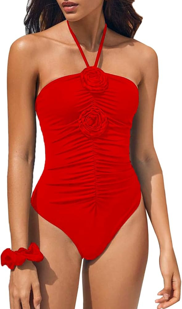 SherryDC Women's Ruched One Piece Swimsuit Tummy Control Halter Bandeau 3D Flower Bathing Suit | Amazon (US)