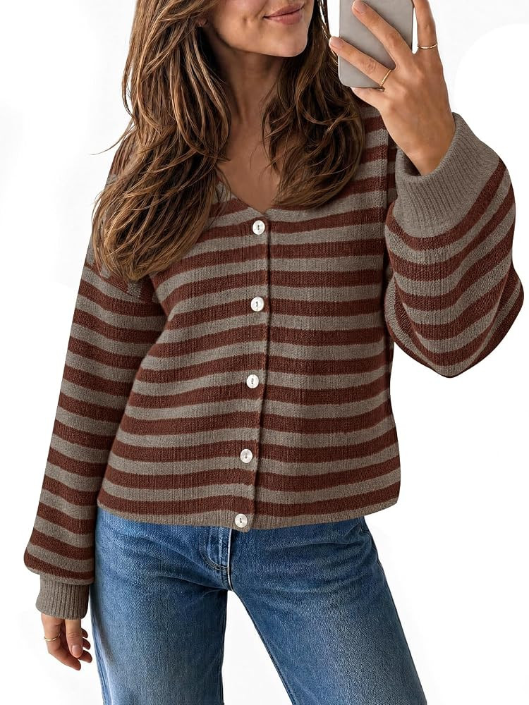 Saodimallsu Womens Oversized Striped Cardigan Fall Trendy V Neck Sweaters | Amazon (US)