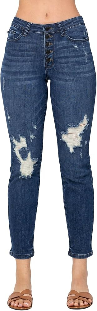 Judy Blue Women's High Waist Zigzag and Button Fly Destroyed Boyfriend Jeans | Amazon (US)
