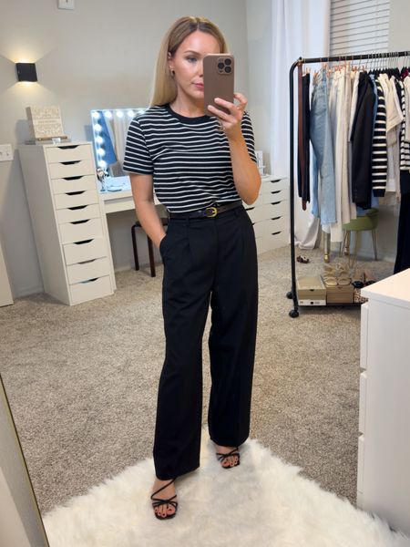 Affordable petite friendly workwear high waisted pants. You can select the inseam of these, I’m 5’0 and 26.5 works so I can wear these with both mid height heels and flats. Simple black and white t-shirt that can be dressed up or down 

#LTKfindsunder50 #LTKstyletip #LTKfindsunder100