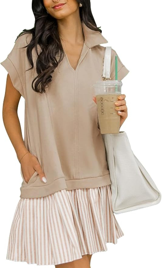 Women's V Neck Short Sleeve Summer Dress Patchwork Cap Sleeve Casual Loose Fit Pleated Striped Sh... | Amazon (US)