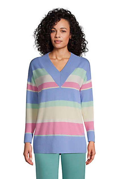 Women's Cashmere Rib VNeck Tunic Sweater - Stripe | Lands' End (US)