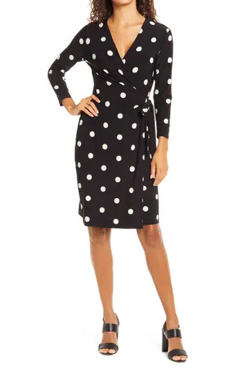 ANNE KLEIN Dot Print Long Sleeve Wrap Dress | Nordstrom | Nordstrom