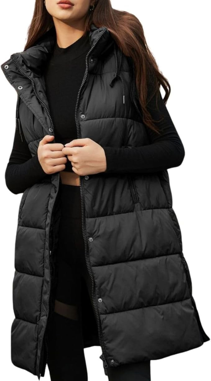 PUWEI Long Puffer Vest Women Quilted Hooded Vest Padded Sleeveless Coat Jackets With Pockets | Amazon (US)