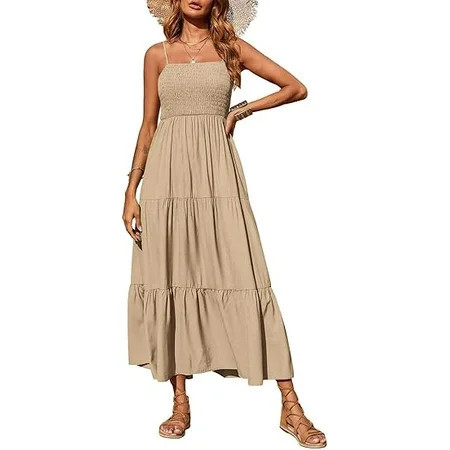 PRETTYGARDEN Women's Summer Maxi Dress Casual Boho Sleeveless Spaghetti Strap Smocked Tiered Long Beach Sundresses | Walmart (US)