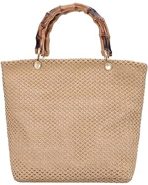 Women's Straw Bags Tote with Bamboo Handles Rattan Woven,Handbag Summer Boho Beach Purse(Brown) | Amazon (US)