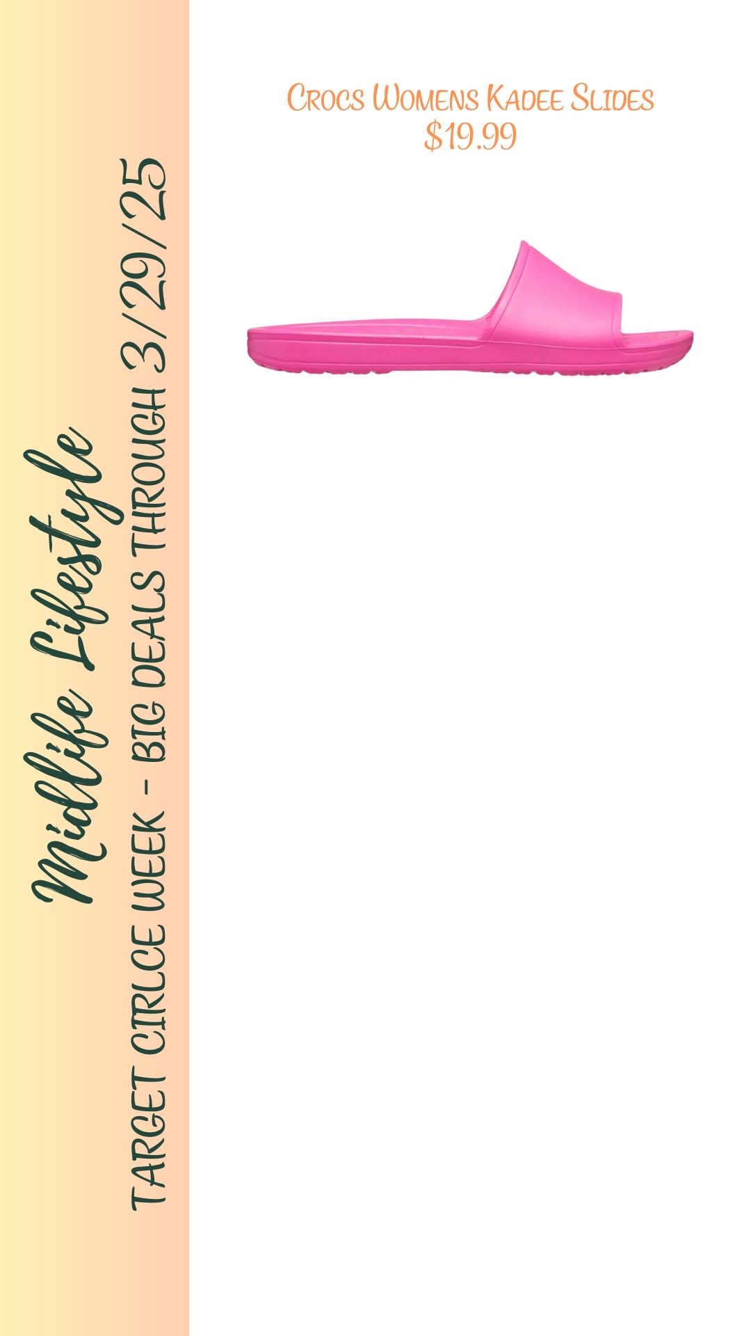 Slip into comfort with Crocs Women's Kadee Slides – just $19.99! 

Perfect for easy, everyday wear, shop now during Target Circle Week, now through 3/29/25. 

#TargetStyle #LTKSale #CrocsComfort

#LTKShoeCrush #LTKSaleAlert