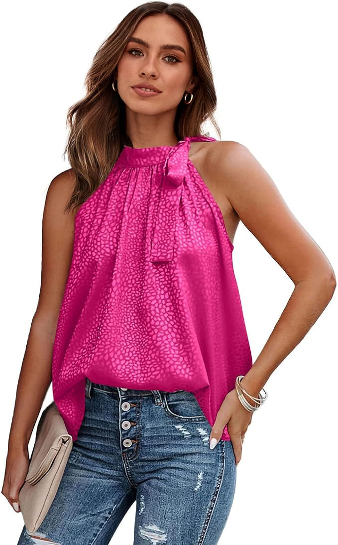 BTFBM Women Sleeveless Tie Mock Neck Summer Tops Loose Soft Leopard Solid Casual Side Bow Halter ... | Amazon (US)