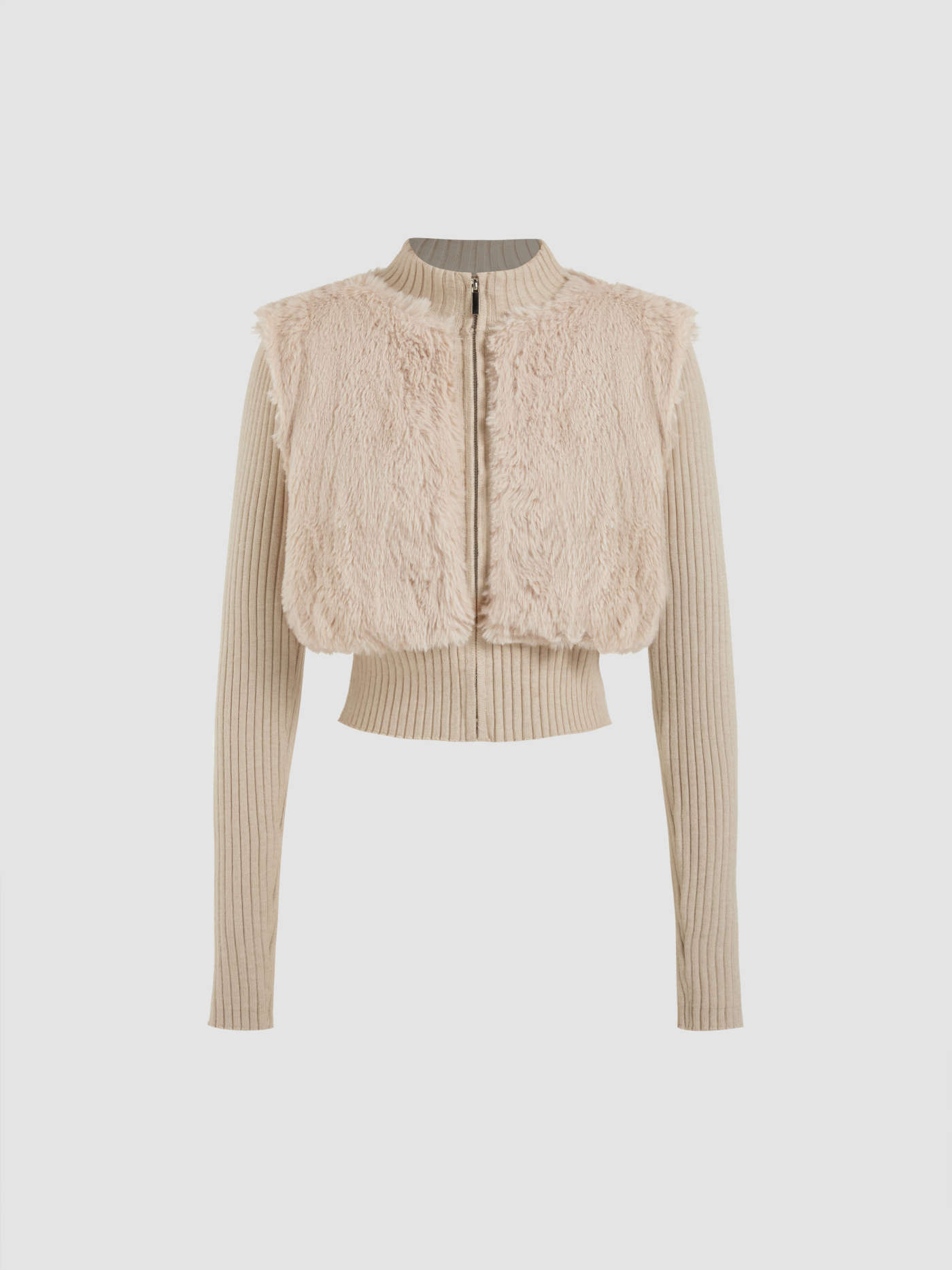 Knit Fabric Faux Fur Zipper Bomber Cardigan With Rib Sleeve For Vacation | Cider