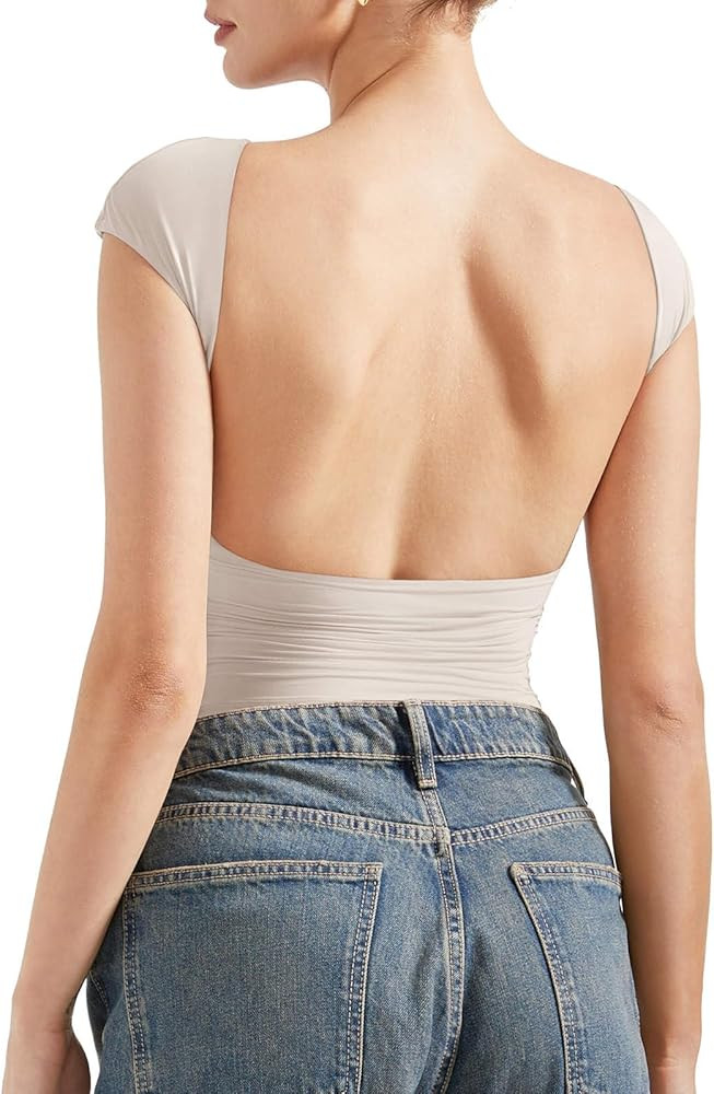 SUUKSESS Women Backless Sexy Going Out Tops Double Lined Open Back Y2k Basic Tee Shirts | Amazon (US)
