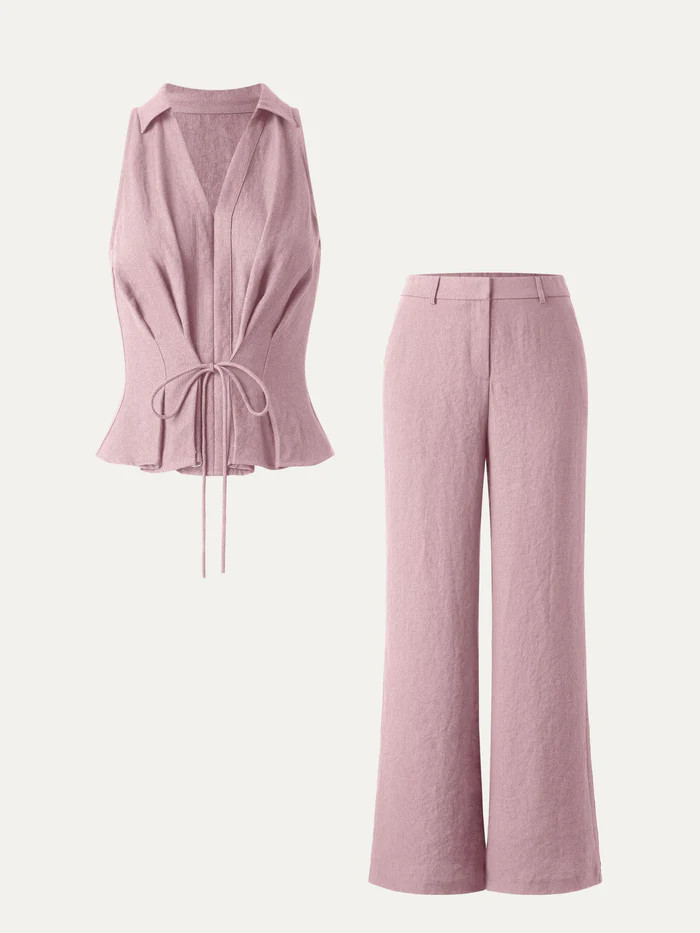 2Pcs Set Collared V-neck Sleeveless Top & Mid Rise Flared Pant with Pockets | OGLmove