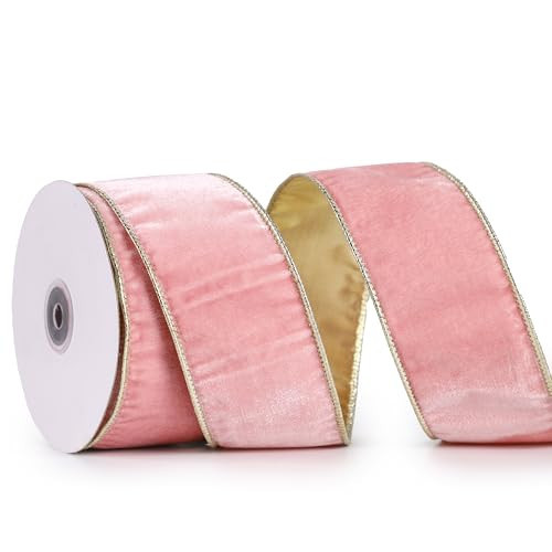 DINDOSAL Pink Velvet Ribbon Wired 2.5" x 10 Yards Pink Christmas Wired Ribbon with Gold Backside, Pink and Gold Wired Christmas Tree Ribbon for Wreaths, Bows, Crafts, Home Decor, Gift Wrapping | Amazon (US)