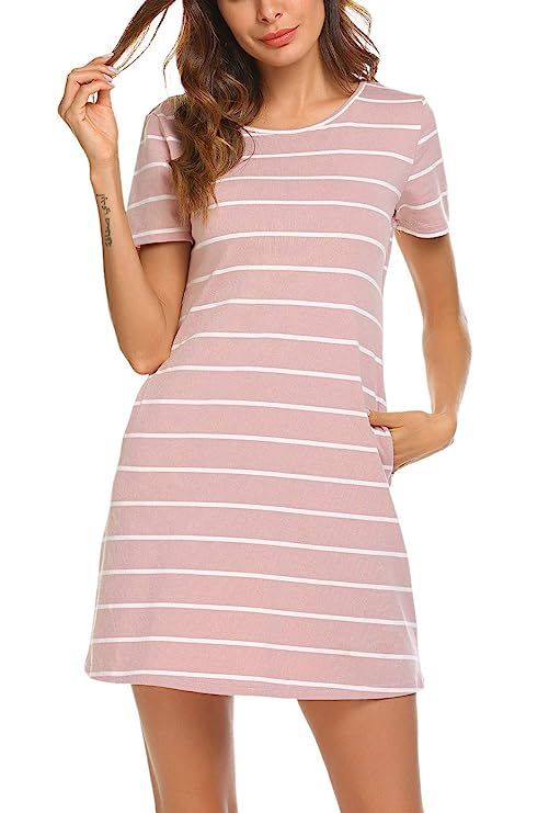 Feager Women's Casual Striped Criss Cross Short Sleeve T Shirt Mini Dress with Pockets | Amazon (US)