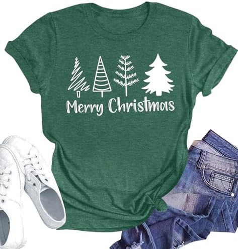 Merry Christmas Shirt for Women Christmas Tree Tees Tops Letter Xmas Tree Graphic Print Female T ... | Amazon (US)
