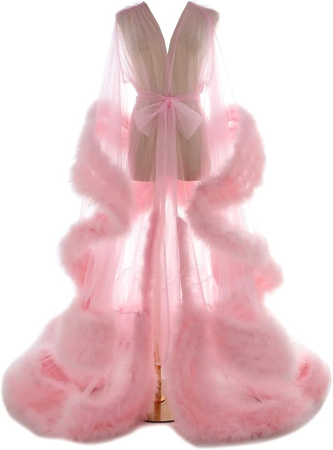 Shexianbridal Women's Tulle Robe Shoot Tulle Feather Floor Length Robe Maternity PhotoShoot | Amazon (US)