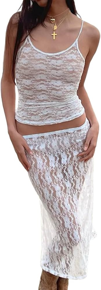 Skirt Sets Women 2 Piece Outfits Sexy See Through Strapless Lace Tube Top Bodycon Maxi Skirts Y2K... | Amazon (US)