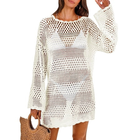 ANRABESS Womens Swimsuit Cover Up Crochet Long Sleeve Mesh Knit Summer Beach Dress Sheer Hollow Out Bathing Suit Coverup | Walmart (US)