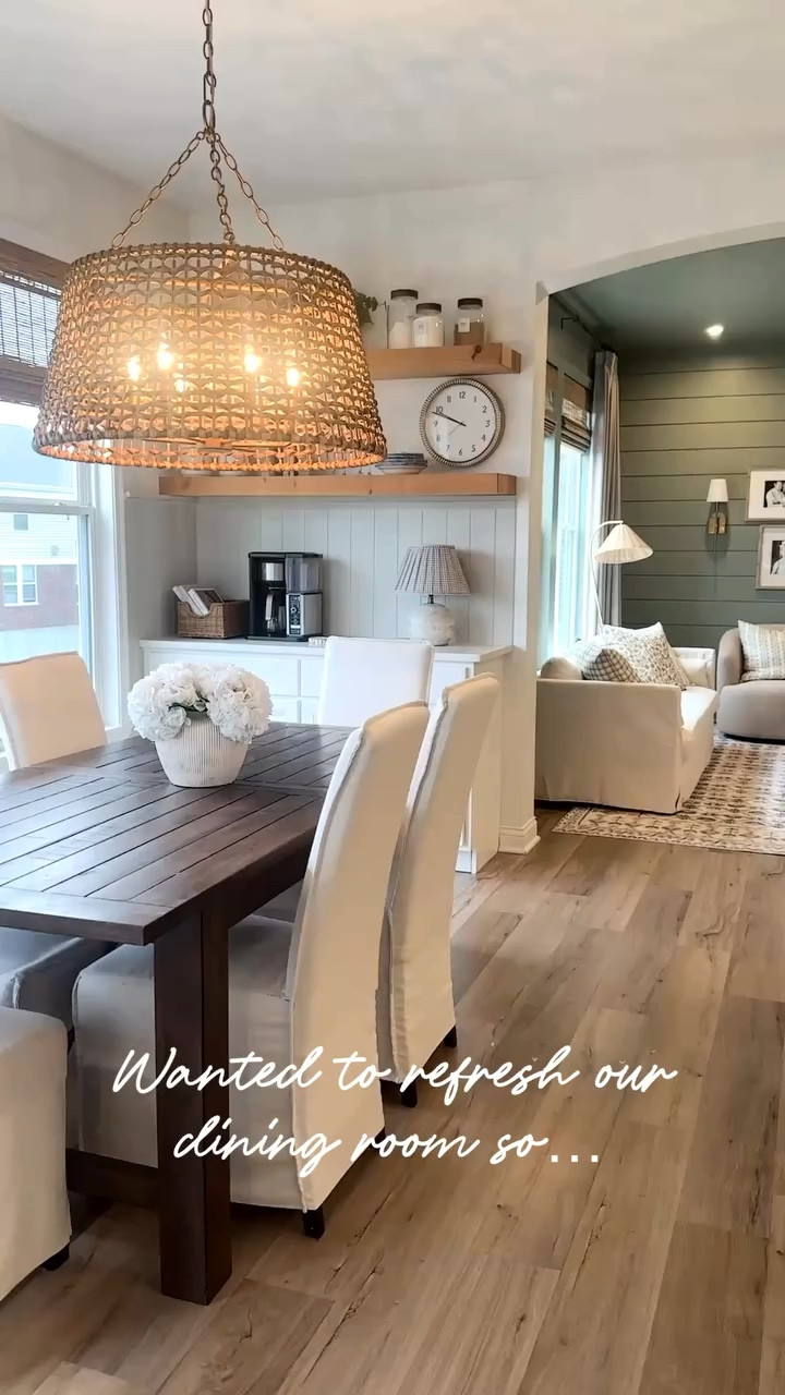 This project came together so quickly and I couldn’t be happier with the finished product! I’ve wanted some type of backsplash behind our coffee bar area since we put it in but couldn’t decide what to put there. These vertical shiplap sheets were the perfect fix! 

Add in a beautifu Ballard Designs chandelier and this space feels new and fresh!

Shoutout to the best husband ever for always going along with my crazy ideas and pulling the off perfectly! 

Comment “link” to shop this space!