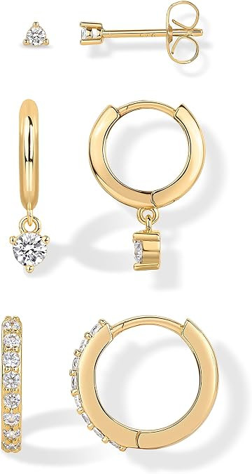 PAVOI 18K Gold Plated 3 Pairs Earrings for Women, Stud Huggie Piercing Set | Hypoallergenic Earri... | Amazon (US)