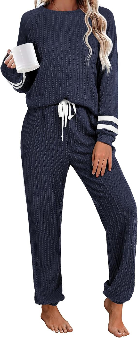 Ekouaer Lounge Sets for Women Ribbed Knit Outfits Pajamas Sets 2 Piece Long Sleeve Sweatsuits wit... | Amazon (US)
