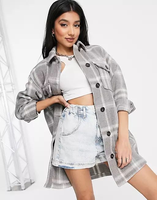 New Look long line shacket in gray check | ASOS (Global)