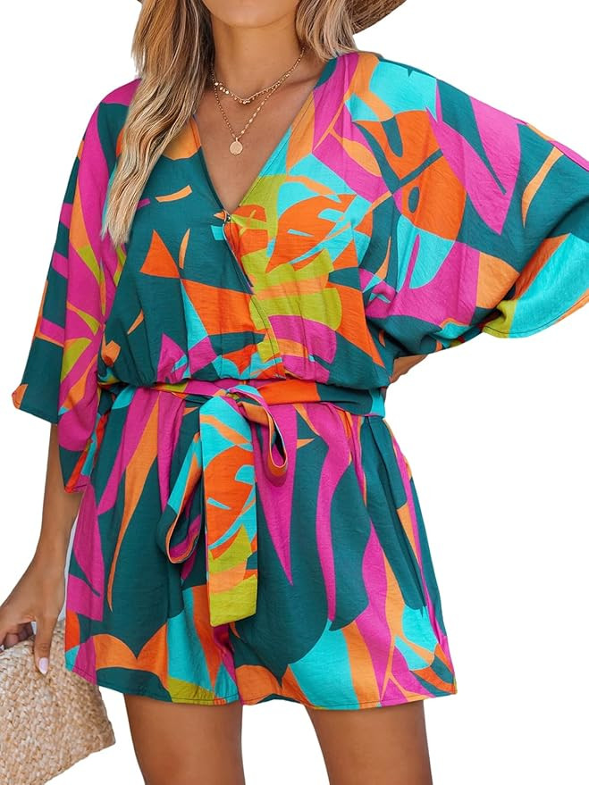 CUPSHE Women's Mini Romper Summer Beach Vacation Loose Fit Half Sleeve V Neck Resort Wear Tropica... | Amazon (US)