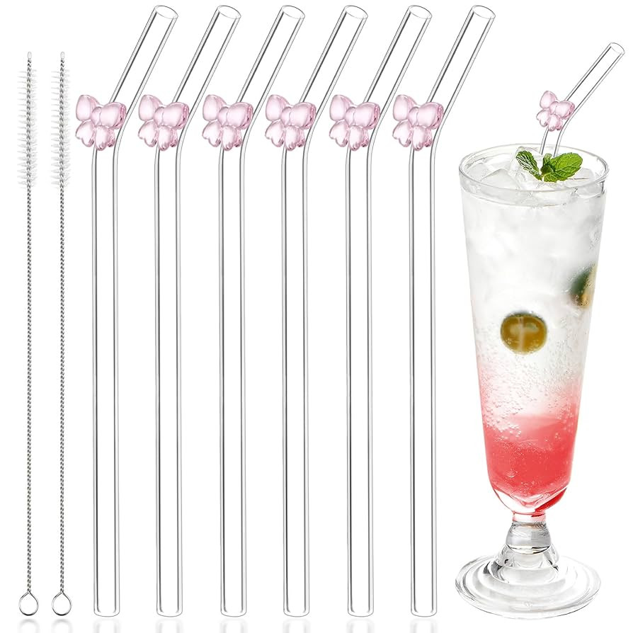 6pcs Clear Glass Straws with 2 Cleaning Brush, Cute Glass Straws Shatter Resistant with Charms Pi... | Amazon (US)