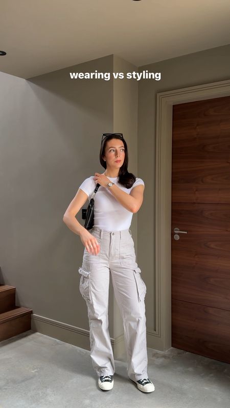 Wearing vs styling, cargo pants, Bershka, ASOS, weekday, Converse, Mango, brunch outfit, casual outfit, trendy outfit, casual inspo, weekend outfit, white t-shirt, cap sleeve t-shirt, black bag 

#LTKstyletip #LTKeurope #LTKshoecrush