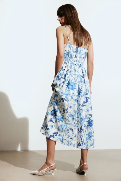 Linen-blend Midi Dress - White/blue floral - Ladies | H&M US | H&M (US + CA)