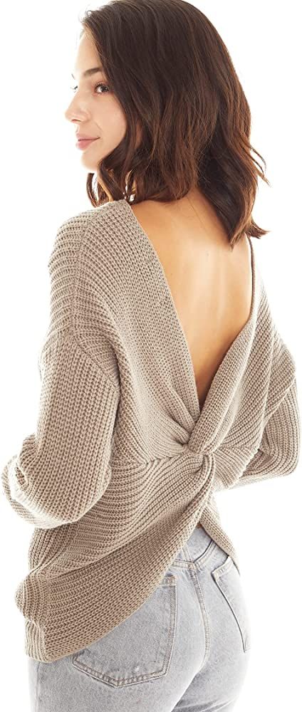 Love Tree Women's Cozy V-Neck Criss Cross Twisted Back Long Sleeves Pullover Sweater Top Also Rev... | Amazon (US)