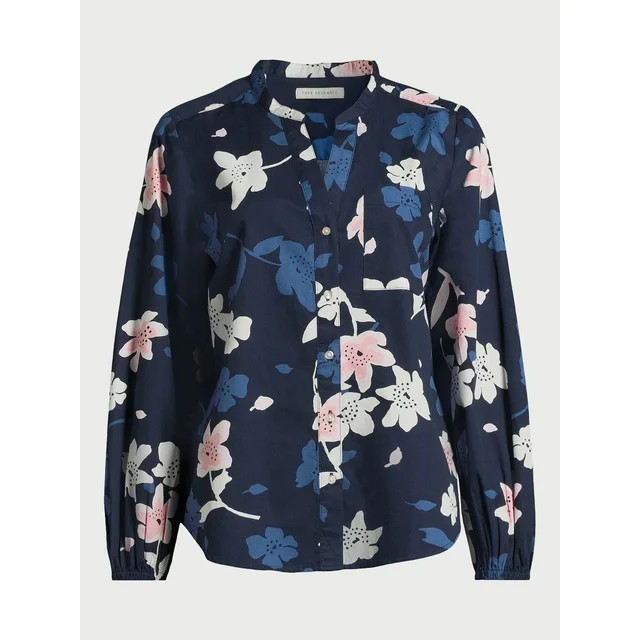 Free Assembly Women’s Floral Split Neck Button Front Shirt with Long Sleeves, Sizes XS-XXL | Walmart (US)
