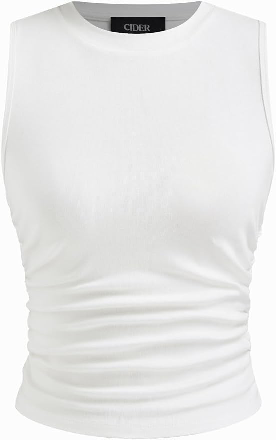 CIDER Womens Tank Tops Sleeveless High Neck Ruched Crop Tops Going Out Casual Basic Ribbed Shirt ... | Amazon (US)