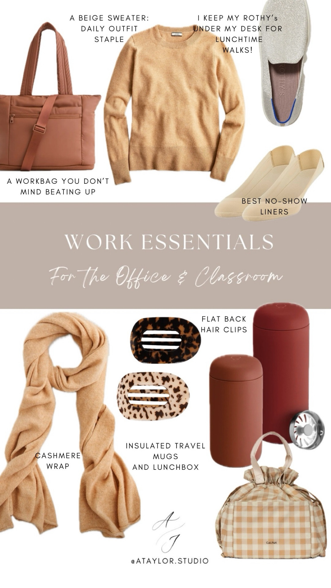 Work essentials for those of us who are in-person! I need a travel mug that doesn’t spill, a bag I can beat up, and a couple of luxuries to make my day more comfortable.

Workwear, work accessories, work must haves, travel mug, spill proof mug, thermos, insulated mug, insulated lunch box, lunch box, work lunch box, cashmere wrap, puffer bag, no show sock, no show shoe liner, sock liners, hair clips, teleties, best hair clips, flat back hair clip, comfortable hair clip, slip on sneakers, work sneakers, sneakers for work, cashmere sweaters, beige sweater 

#LTKWorkwear #LTKStyleTip #LTKFamily