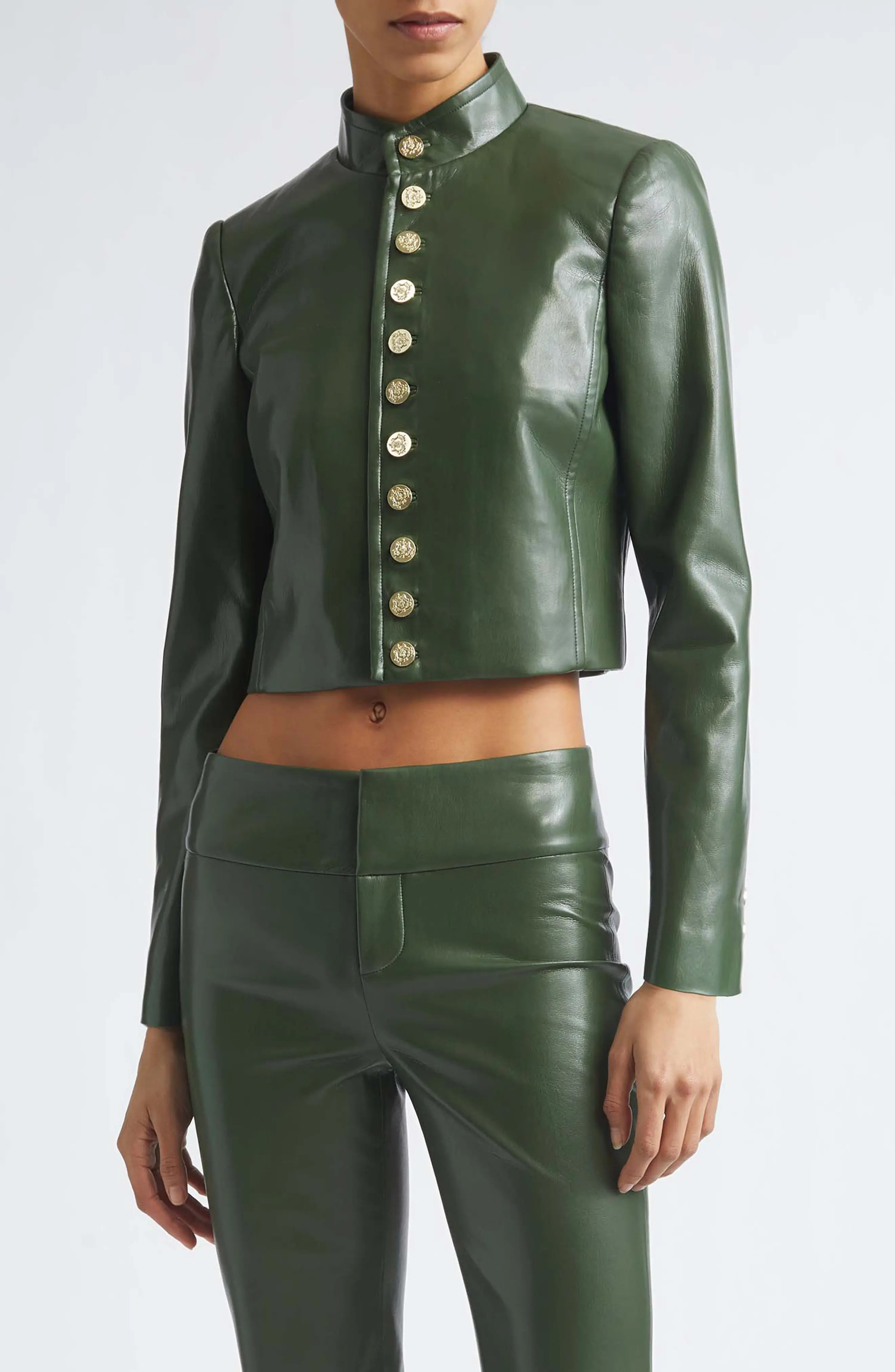 Alice + Olivia Emerson Faux Leather Crop Jacket in Dark Fern at Nordstrom, Size Medium | Nordstrom
