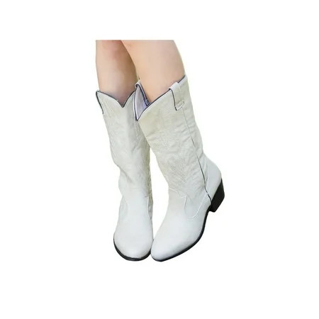 GENILU Cowgirl Boots Womens White Cowboy Boots Retro Western Chunky Heels Mid Calf Boots for Ladies  | Walmart (US)