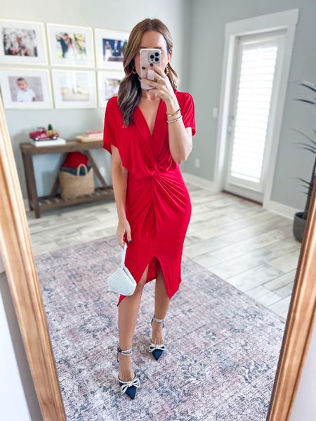 Holiday outfit. Holiday party dress. Christmas outfit. Christmas party dress. Amazon red midi dress (XS). Wedding guest dress. Rehearsal dinner outfit. Amazon bow heels (TTS, so comfy). Amazon sparkly clutch. 

#LTKshoecrush #LTKHoliday #LTKwedding