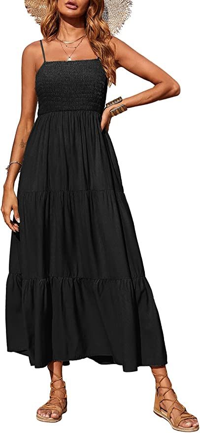 PRETTYGARDEN Women's Summer Maxi Dress Casual Boho Sleeveless Spaghetti Strap Smocked Tiered Long... | Amazon (US)