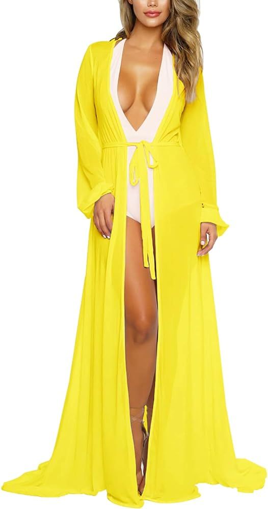 Pink Queen Women's Long Sleeve Flowy Maxi Swimsuit Tie Front Robe Cover Up | Amazon (US)